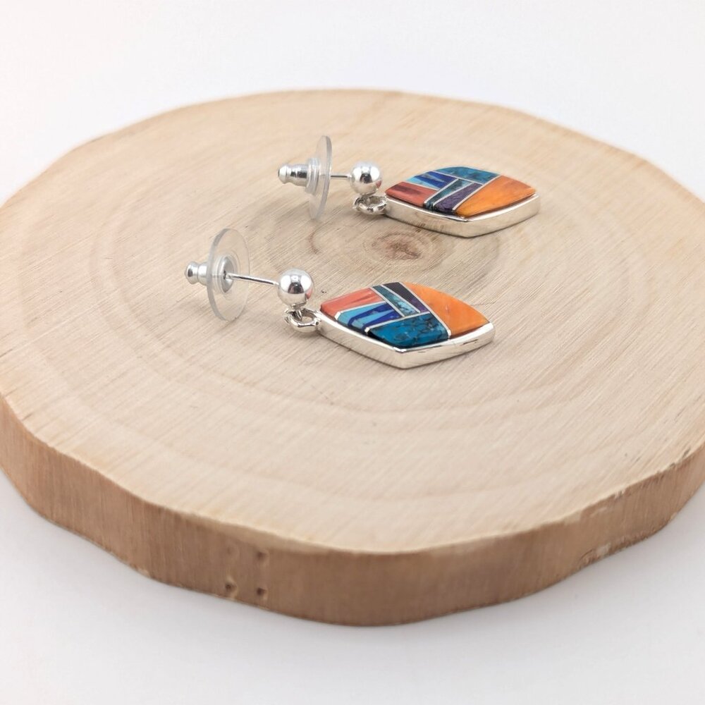 Handcrafted Navajo Multi Stone Inlay Dangle Sterl… - image 3